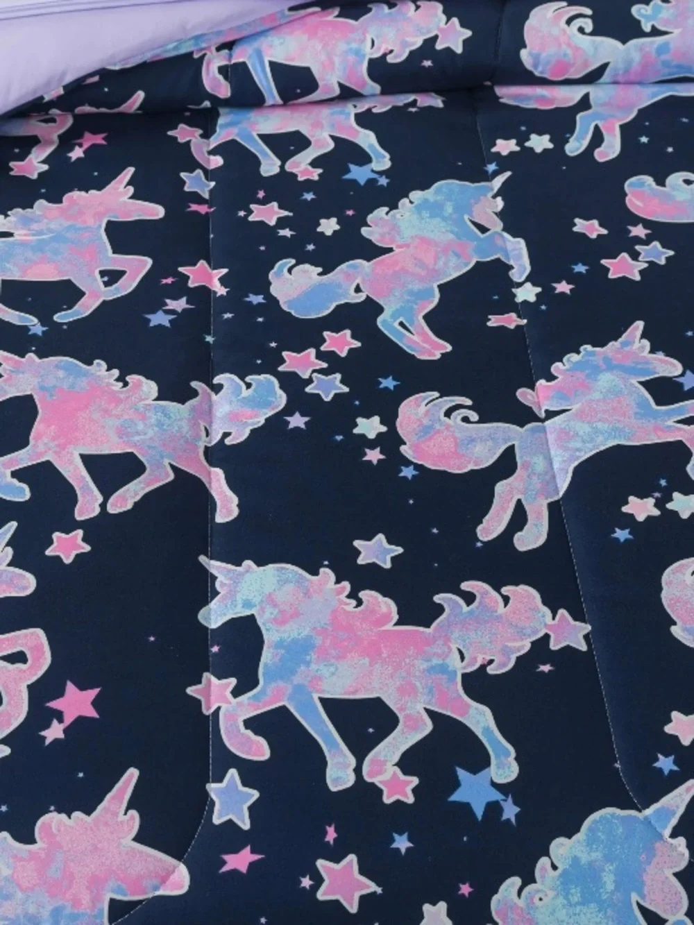 Unicorn Stars Twin Reversible Glow in the Dark Comforter  & Sham Navy & Lavender